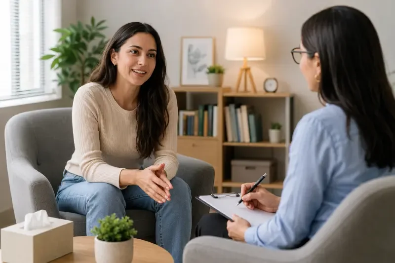 Psicóloga conversando con una paciente durante la primera consulta